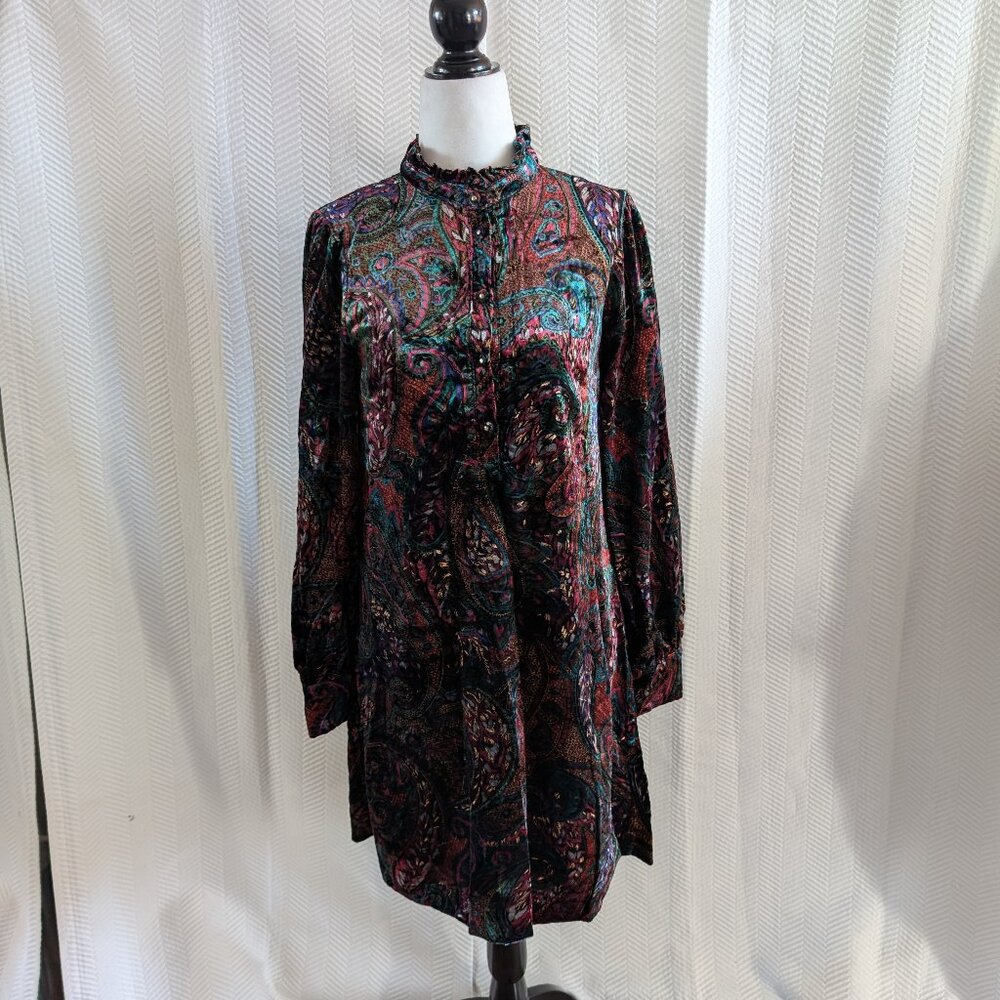 Icone Simons Velvet Paisley Tunic Dress High Collar Jewel Tone XS Boho Retro